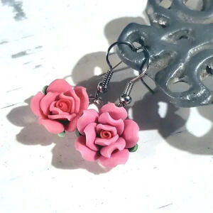 Pink Rose Flower Handcrafted Fimo Polymer Clay Bead Dangle Earrings